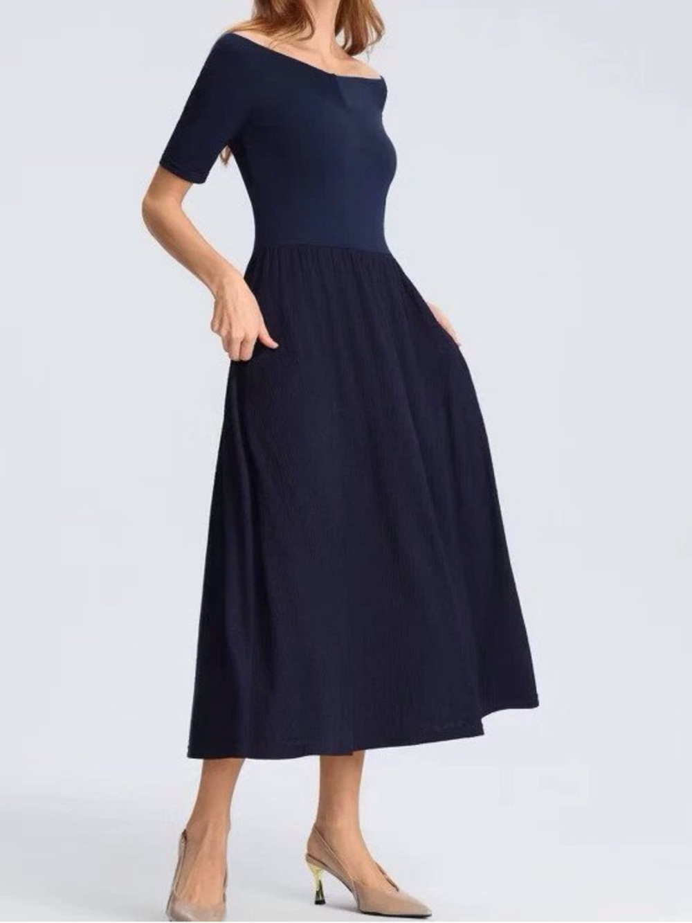 Classic One-Shoulder Navy Midi Dress with Pockets